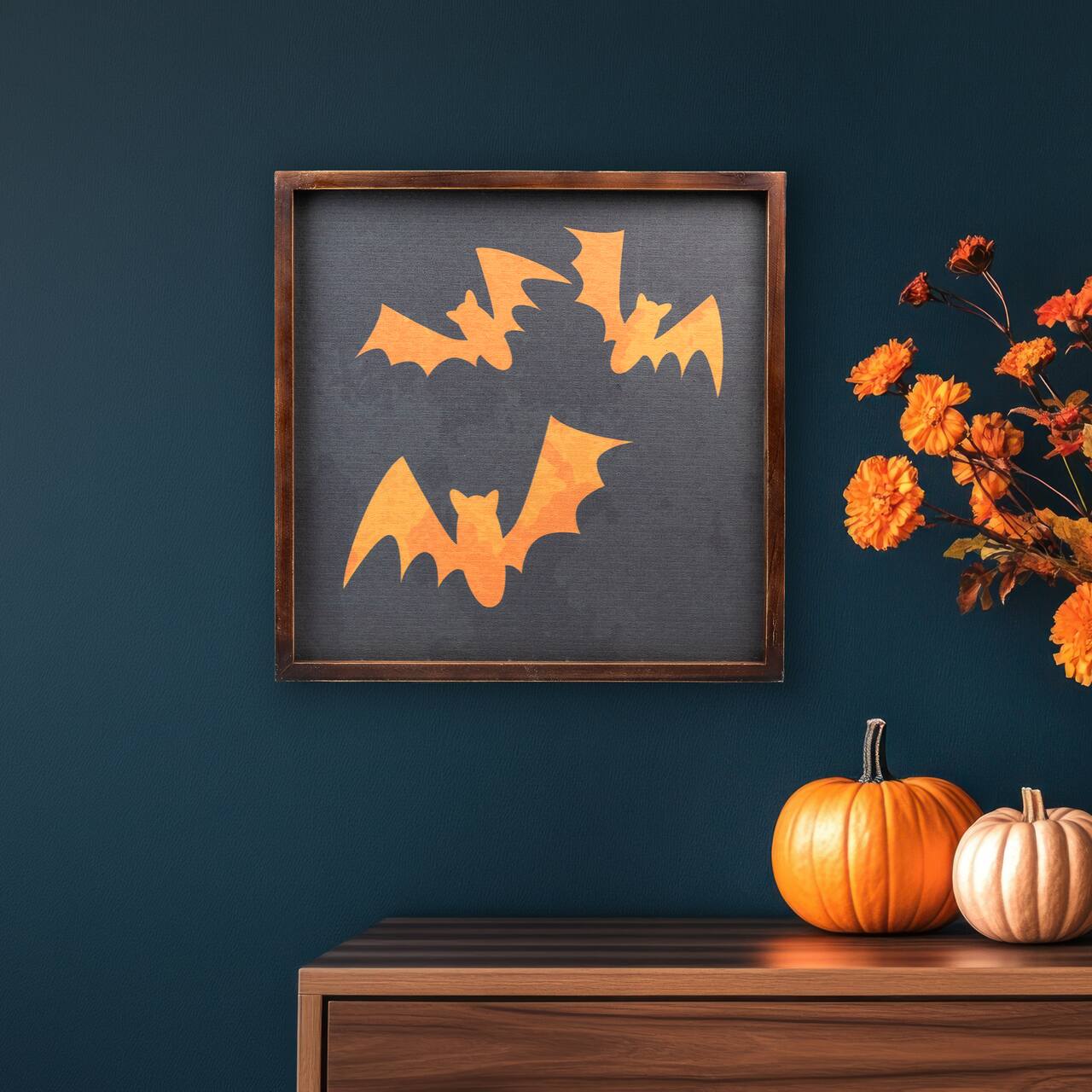 Orange Bat Silhouettes Framed Halloween Wall Décor